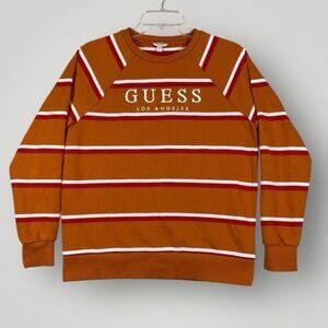 Guess Sweatshirt Men Small Orange Stripe Pullover Knit Logo Embroidery Crew